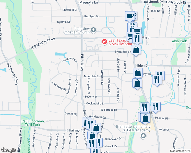 map of restaurants, bars, coffee shops, grocery stores, and more near 2099 Cardinal Street in Longview