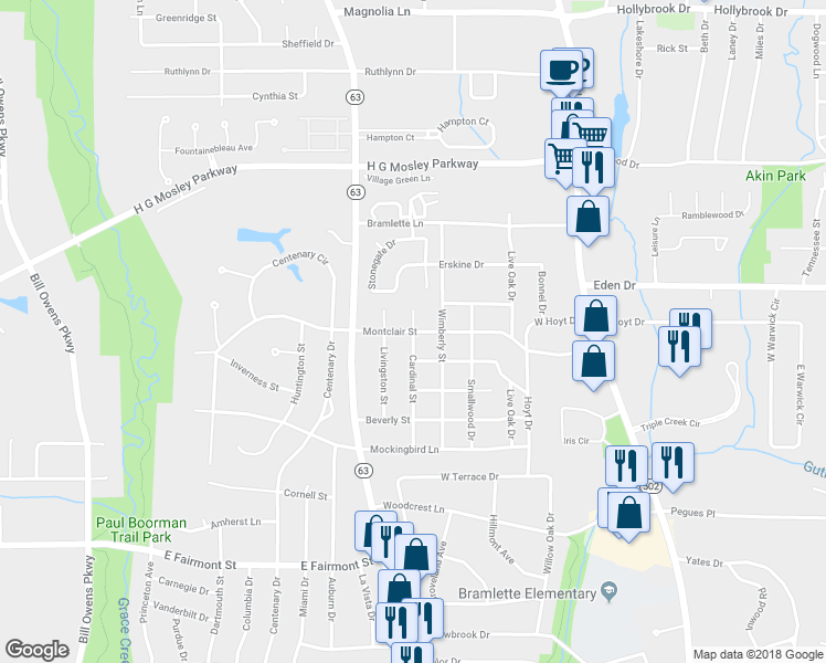 map of restaurants, bars, coffee shops, grocery stores, and more near 701 Montclair Street in Longview
