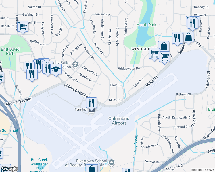 map of restaurants, bars, coffee shops, grocery stores, and more near 5435 Mariner Drive in Columbus