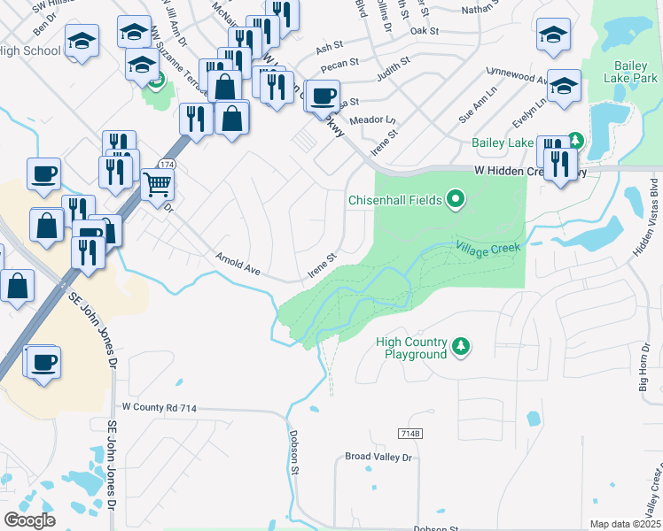 map of restaurants, bars, coffee shops, grocery stores, and more near 1045 Irene Street in Burleson