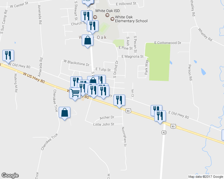 map of restaurants, bars, coffee shops, grocery stores, and more near 114 East Gladiola Street in White Oak