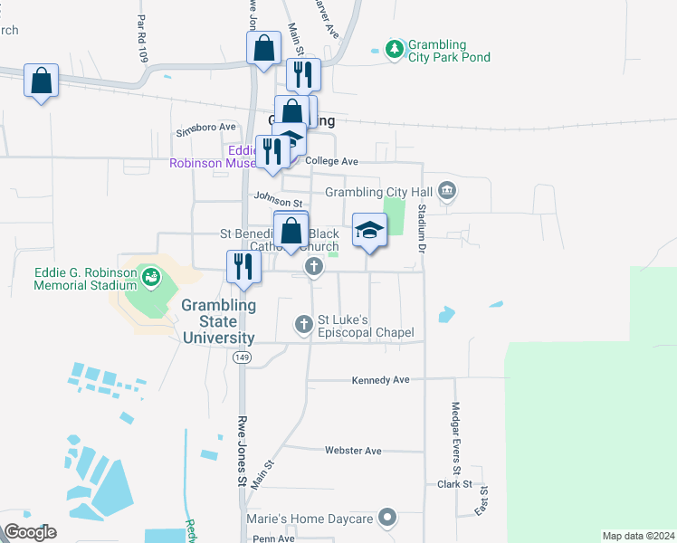 map of restaurants, bars, coffee shops, grocery stores, and more near Central Avenue in Grambling
