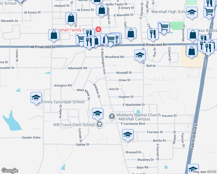 map of restaurants, bars, coffee shops, grocery stores, and more near 101 Ann Drive in Marshall