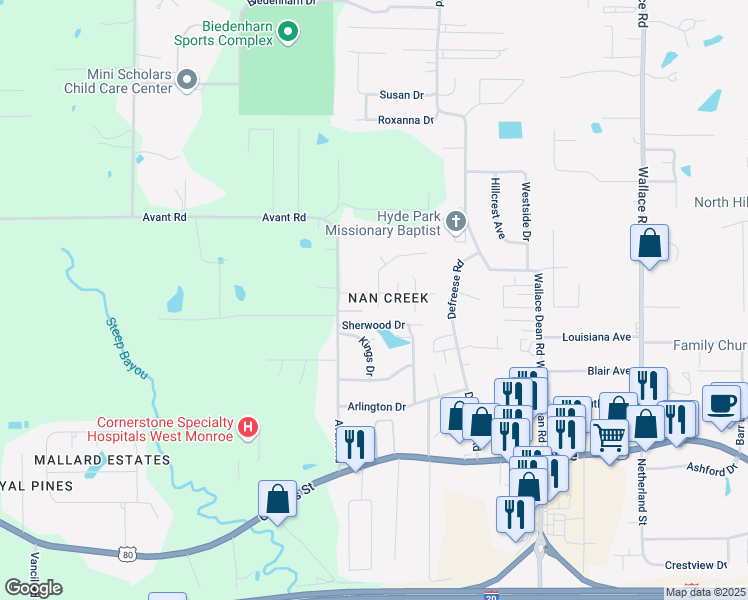 map of restaurants, bars, coffee shops, grocery stores, and more near 146 Nan Creek Road in West Monroe