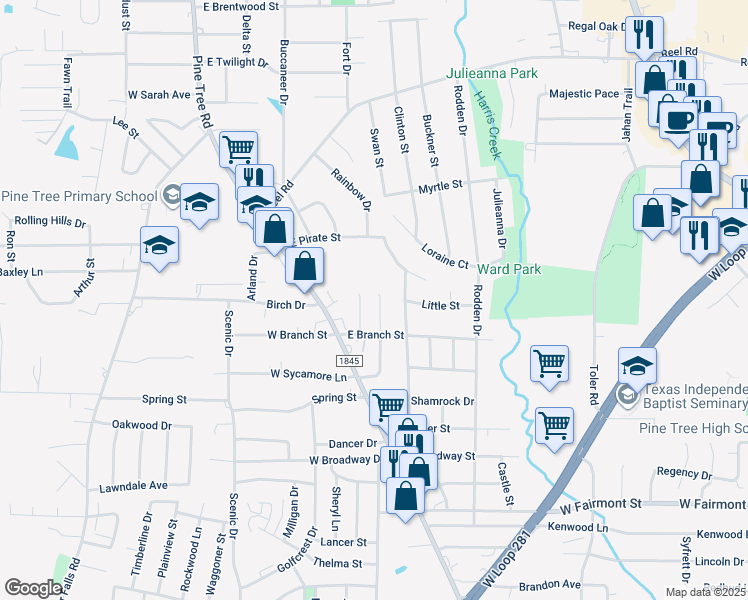 map of restaurants, bars, coffee shops, grocery stores, and more near 207 East Sycamore Lane in Longview