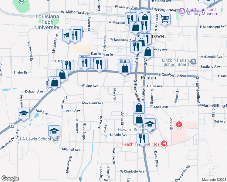 map of restaurants, bars, coffee shops, grocery stores, and more near 706 Mays Street in Ruston