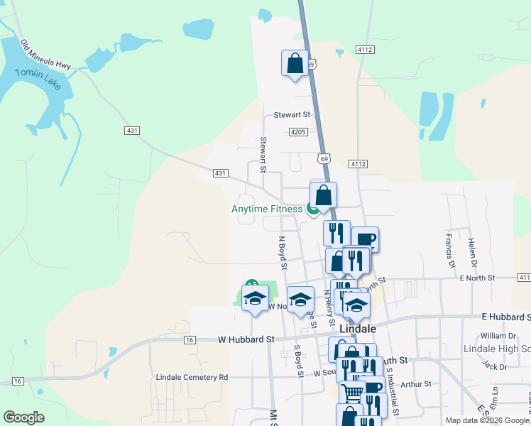 map of restaurants, bars, coffee shops, grocery stores, and more near 405 Crosby Street in Lindale