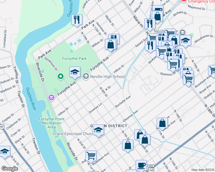 map of restaurants, bars, coffee shops, grocery stores, and more near 812 K St in Monroe