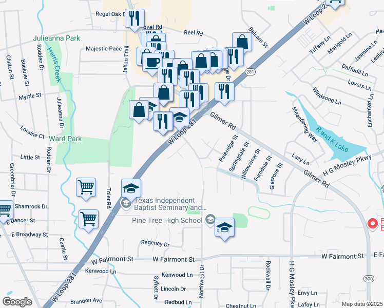 map of restaurants, bars, coffee shops, grocery stores, and more near 1805 Northwest Drive in Longview