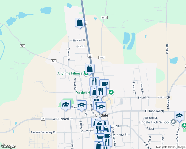 map of restaurants, bars, coffee shops, grocery stores, and more near 618 North Main Street in Lindale