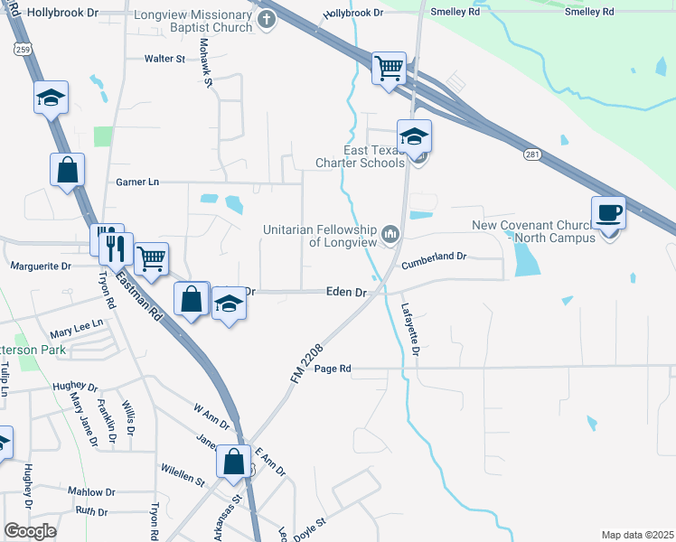 map of restaurants, bars, coffee shops, grocery stores, and more near 1817 Eden Drive in Longview