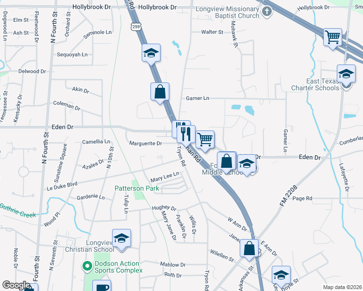 map of restaurants, bars, coffee shops, grocery stores, and more near 2101 North Eastman Road in Longview