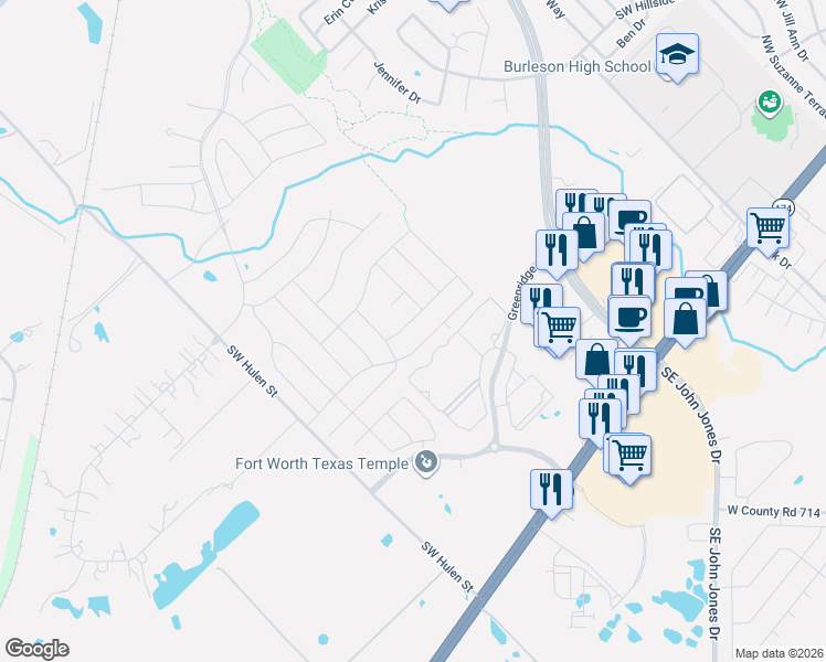 map of restaurants, bars, coffee shops, grocery stores, and more near 1680 Potomac Drive in Burleson