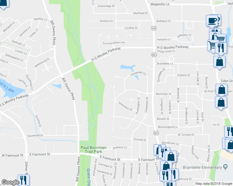 map of restaurants, bars, coffee shops, grocery stores, and more near 1 Montclair Circle in Longview