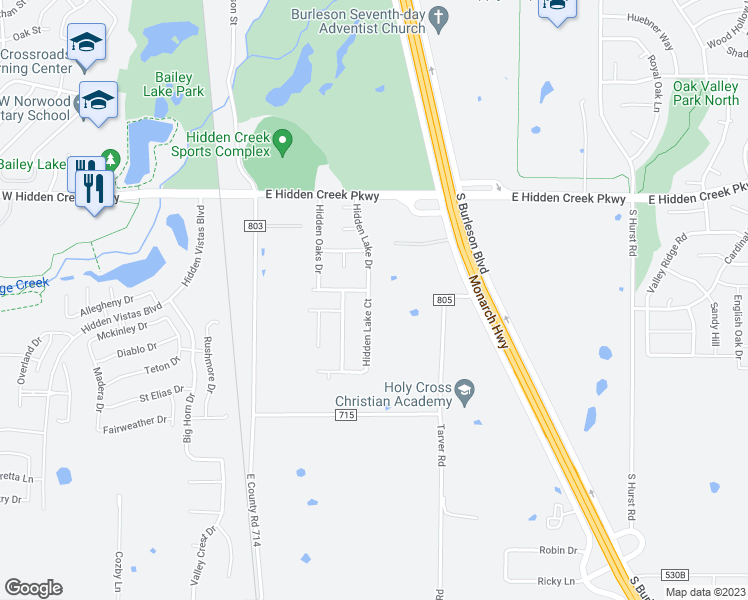 map of restaurants, bars, coffee shops, grocery stores, and more near 1041 Hidden Lake Drive in Burleson