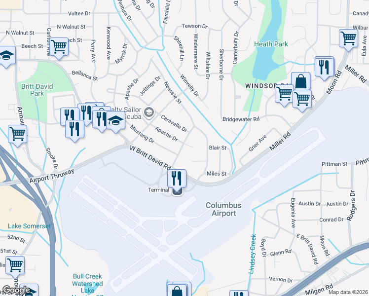 map of restaurants, bars, coffee shops, grocery stores, and more near 5438 Grumman Avenue in Columbus