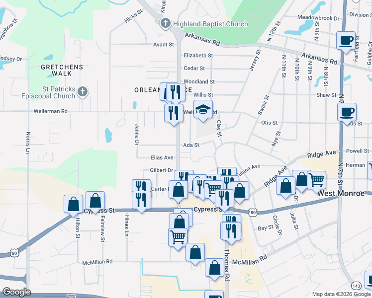 map of restaurants, bars, coffee shops, grocery stores, and more near 720-798 Warren Drive in West Monroe