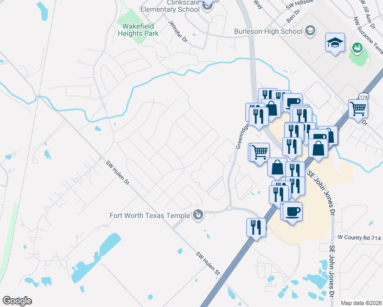 map of restaurants, bars, coffee shops, grocery stores, and more near 1680 Potomac Drive in Burleson