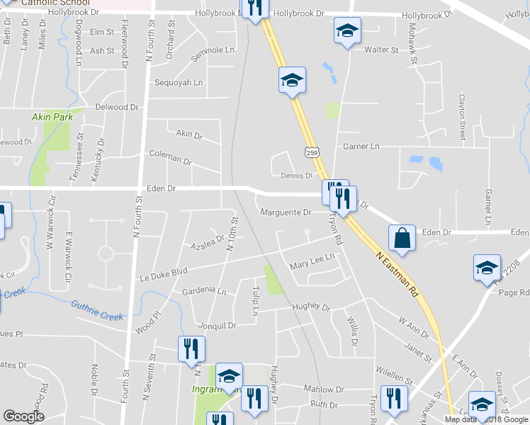 map of restaurants, bars, coffee shops, grocery stores, and more near 7 Marguerite Drive in Longview