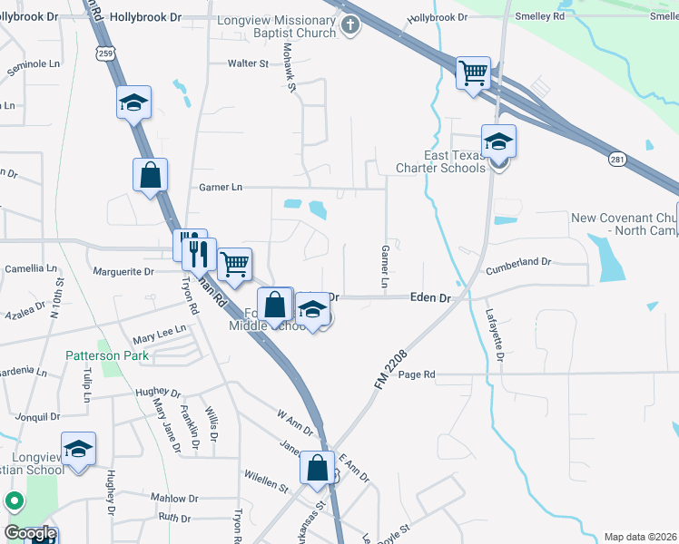 map of restaurants, bars, coffee shops, grocery stores, and more near 1606 Stanley Drive in Longview