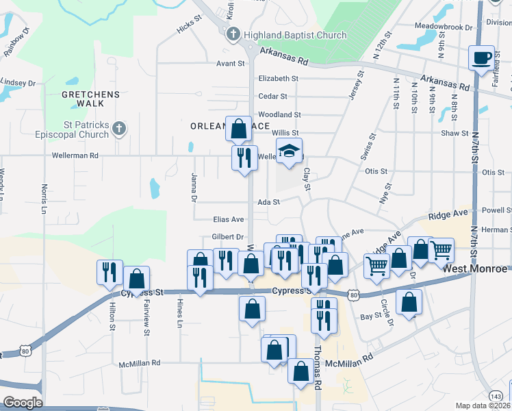 map of restaurants, bars, coffee shops, grocery stores, and more near 720 Warren Dr in West Monroe