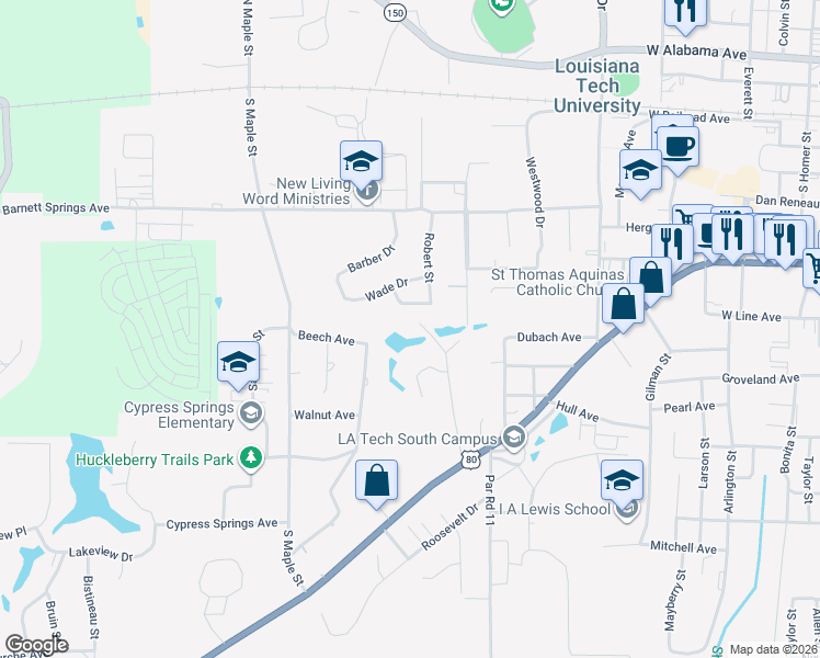 map of restaurants, bars, coffee shops, grocery stores, and more near 601 Robert Street in Ruston