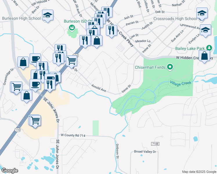 map of restaurants, bars, coffee shops, grocery stores, and more near 1148 Darren Drive in Burleson