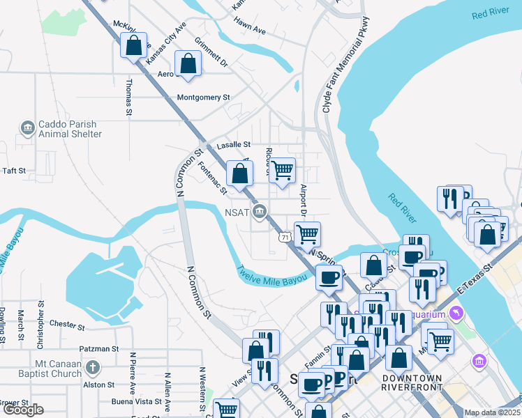 map of restaurants, bars, coffee shops, grocery stores, and more near 318 North Market Street in Shreveport