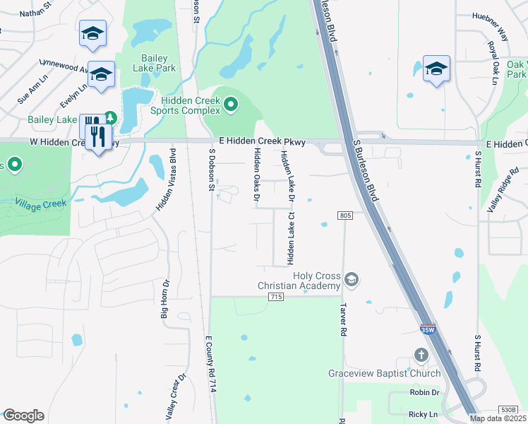 map of restaurants, bars, coffee shops, grocery stores, and more near 408 Hidden Ridge Drive in Burleson