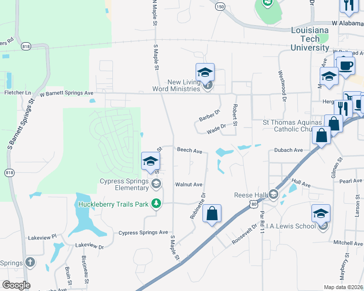 map of restaurants, bars, coffee shops, grocery stores, and more near 901 South Maple Street in Ruston