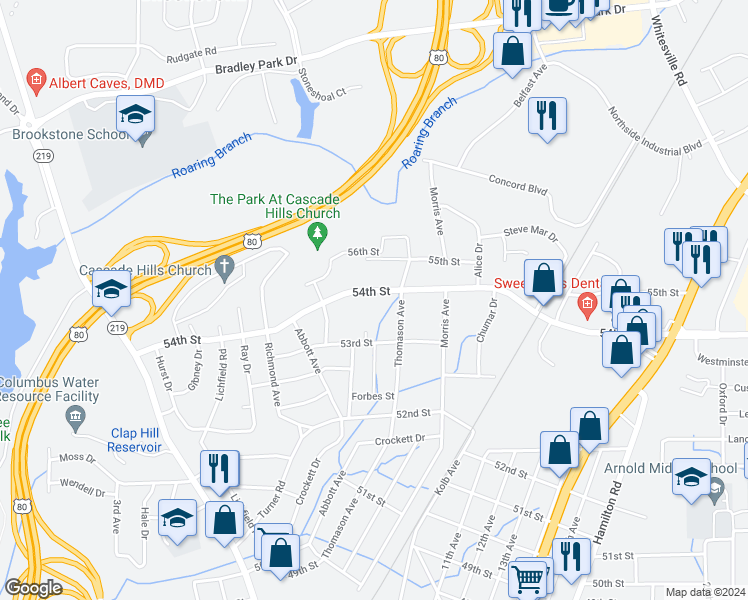 map of restaurants, bars, coffee shops, grocery stores, and more near 968 54th Street in Columbus