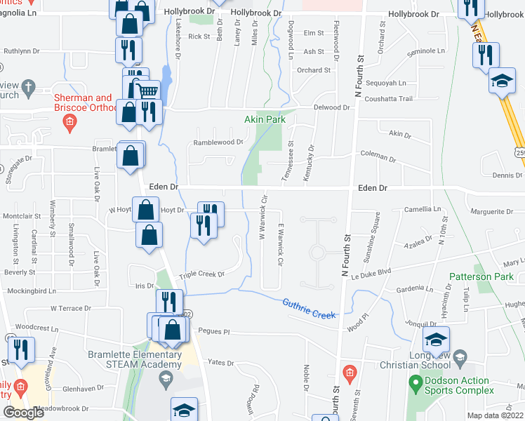 map of restaurants, bars, coffee shops, grocery stores, and more near 300 East Warwick Circle in Longview