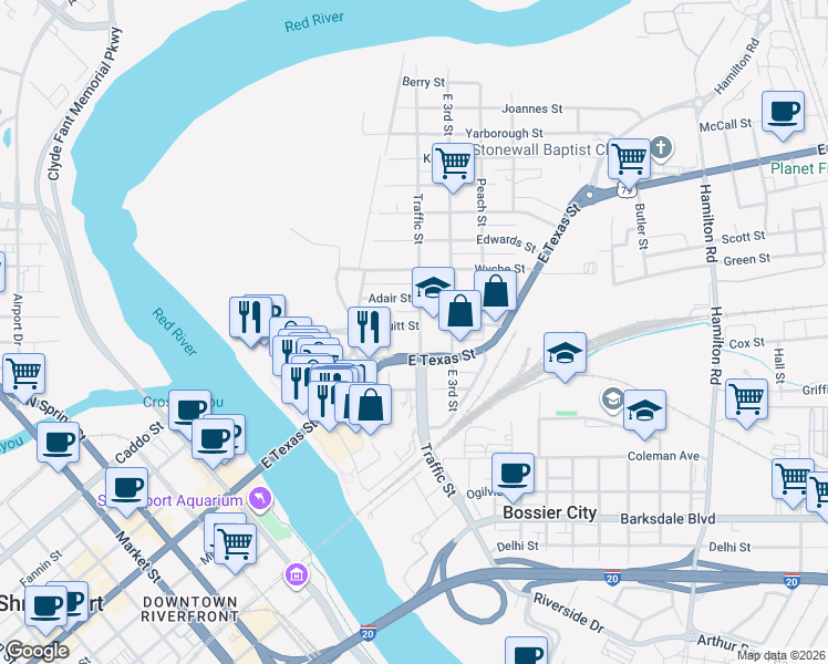 map of restaurants, bars, coffee shops, grocery stores, and more near 322 Colquitt Street in Bossier City