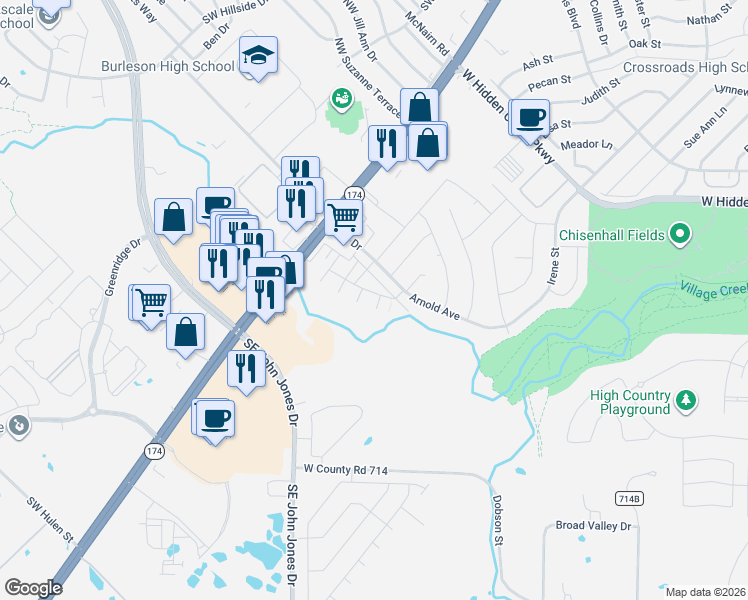 map of restaurants, bars, coffee shops, grocery stores, and more near 320 Arnold Avenue in Burleson
