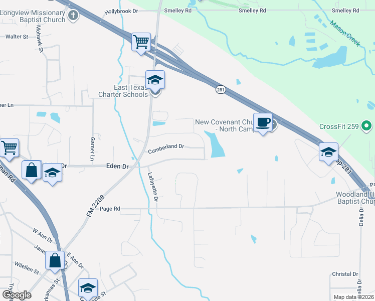 map of restaurants, bars, coffee shops, grocery stores, and more near 2019 Eden Drive in Longview