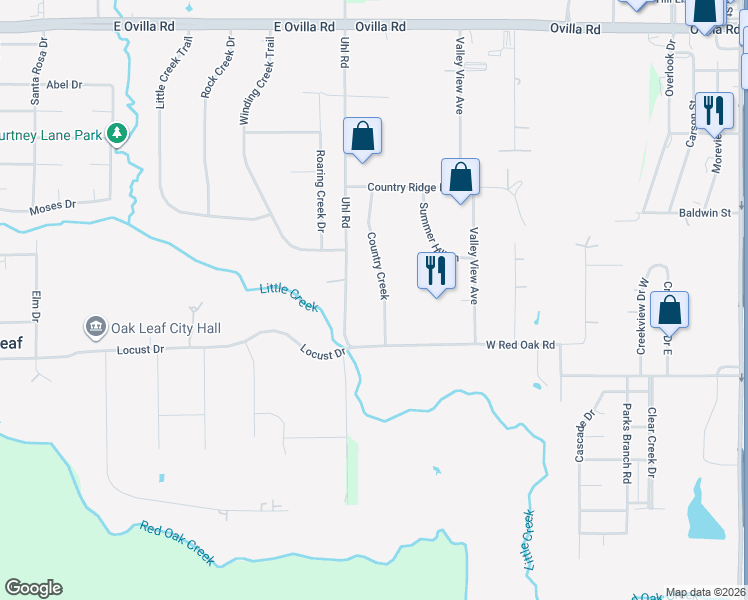 map of restaurants, bars, coffee shops, grocery stores, and more near 935 Country Creek Lane in Red Oak