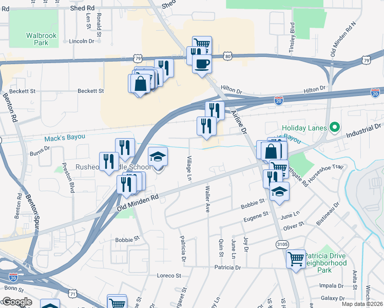 map of restaurants, bars, coffee shops, grocery stores, and more near 2650 Village Lane in Bossier City