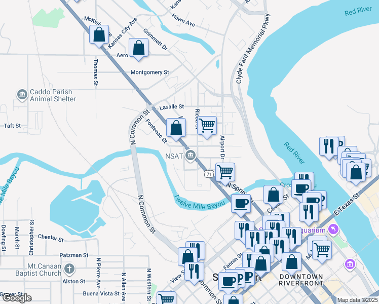 map of restaurants, bars, coffee shops, grocery stores, and more near 309 North Market Street in Shreveport