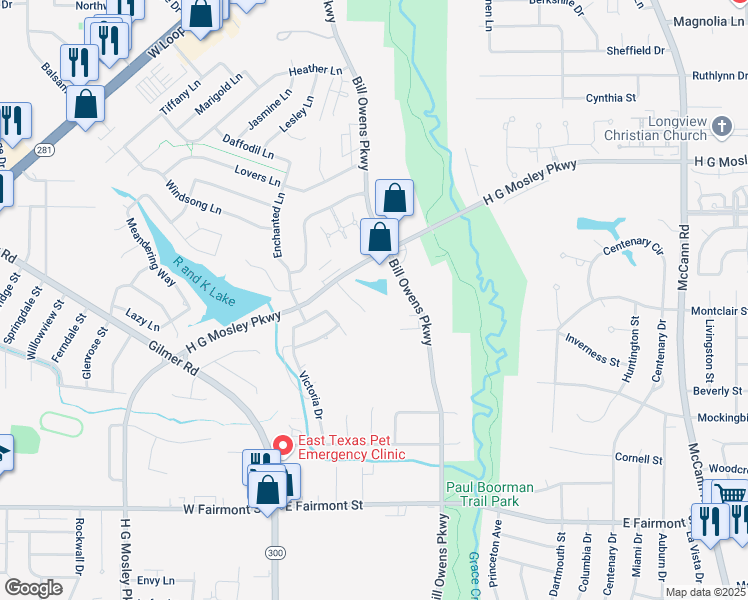 map of restaurants, bars, coffee shops, grocery stores, and more near 2220 Lago Trail in Longview