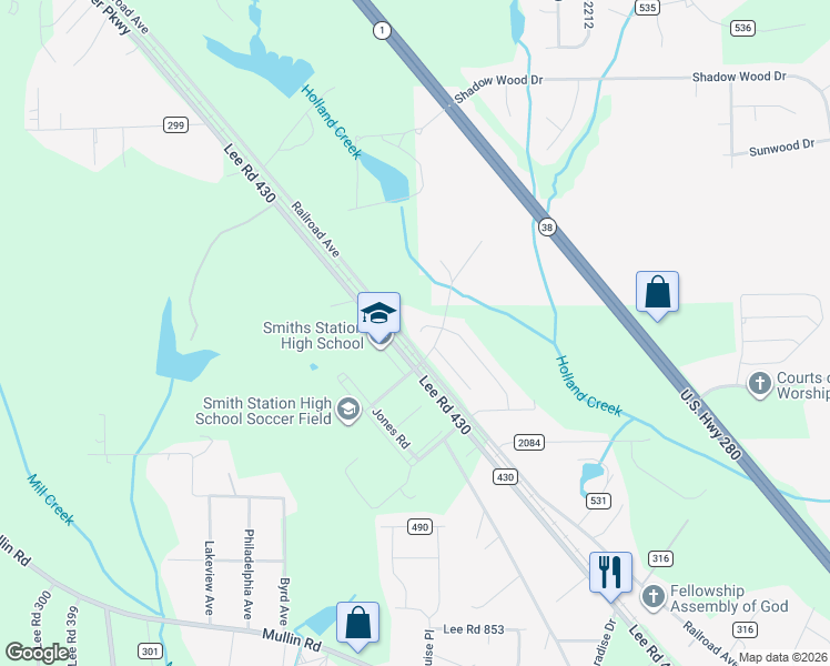 map of restaurants, bars, coffee shops, grocery stores, and more near 4035-4233 County Road 430 in Smiths Station