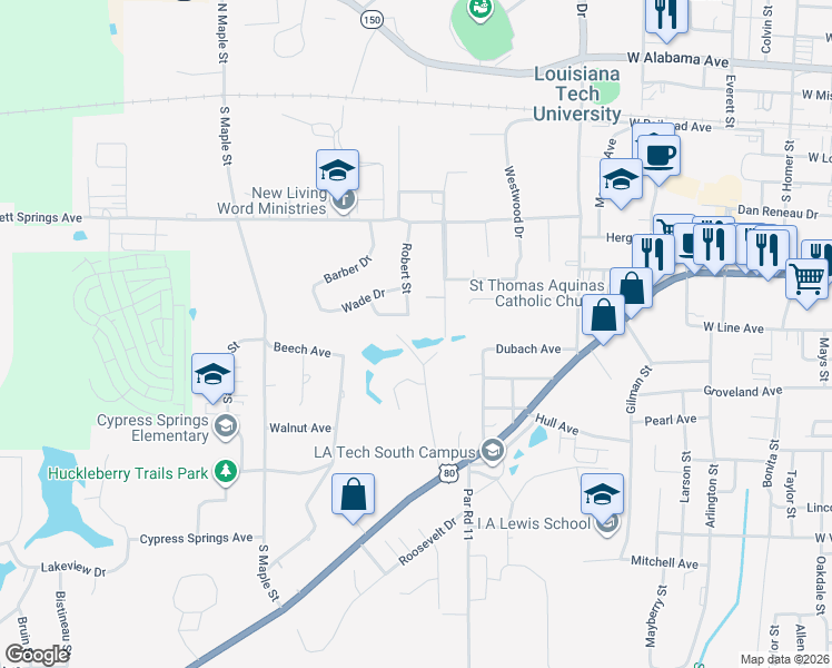 map of restaurants, bars, coffee shops, grocery stores, and more near 942-1020 Robert Street in Ruston