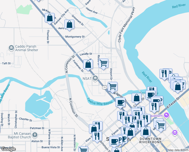 map of restaurants, bars, coffee shops, grocery stores, and more near 313 North Market Street in Shreveport