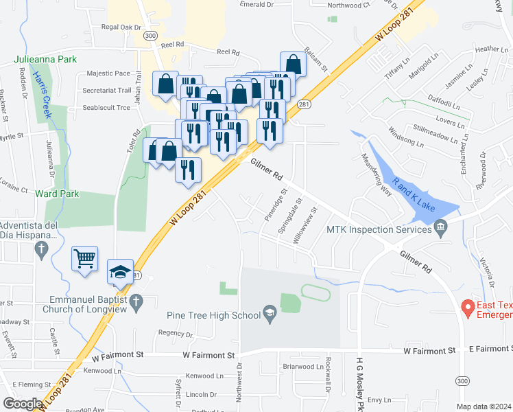 map of restaurants, bars, coffee shops, grocery stores, and more near 1608 Woodvine Street in Longview