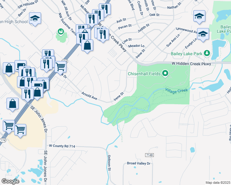map of restaurants, bars, coffee shops, grocery stores, and more near 1057 Matthew Street in Burleson
