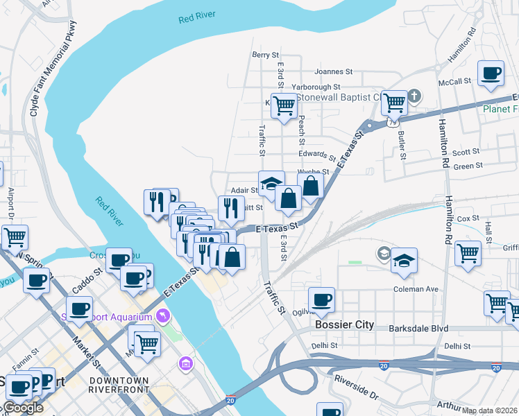 map of restaurants, bars, coffee shops, grocery stores, and more near 322 Colquitt Street in Bossier City