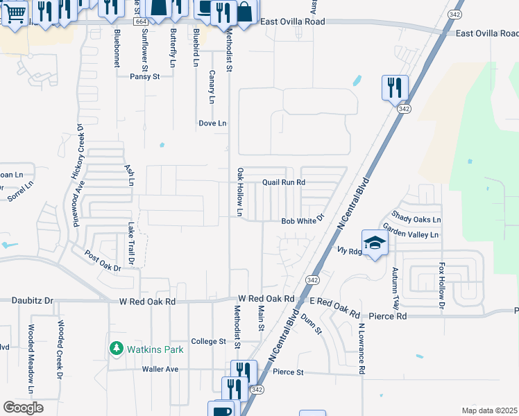 map of restaurants, bars, coffee shops, grocery stores, and more near 106 Clover Leaf Lane in Red Oak