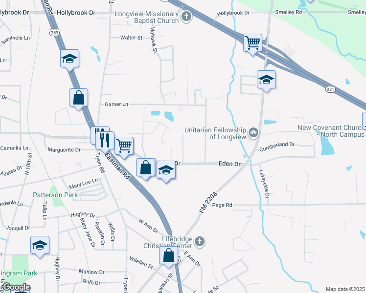 map of restaurants, bars, coffee shops, grocery stores, and more near 1624 Stanley Drive in Longview