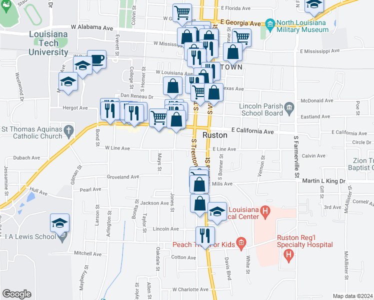 map of restaurants, bars, coffee shops, grocery stores, and more near 706 Independence Circle in Ruston