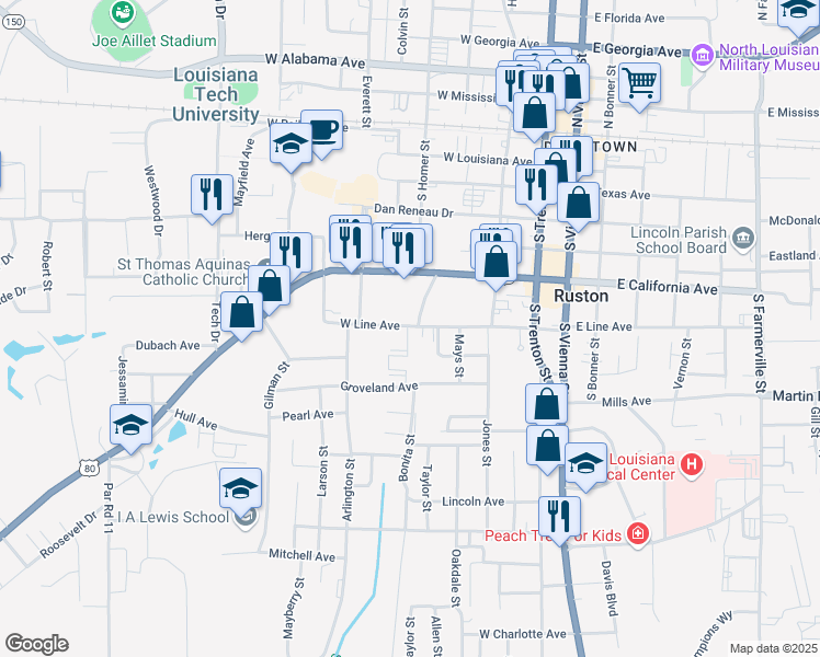 map of restaurants, bars, coffee shops, grocery stores, and more near 501-599 West Line Avenue in Ruston