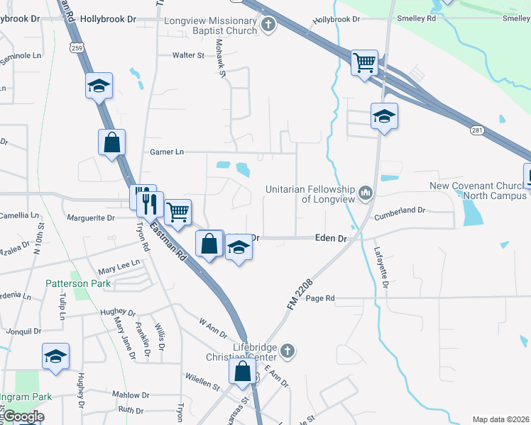 map of restaurants, bars, coffee shops, grocery stores, and more near 1606 Stanley Drive in Longview